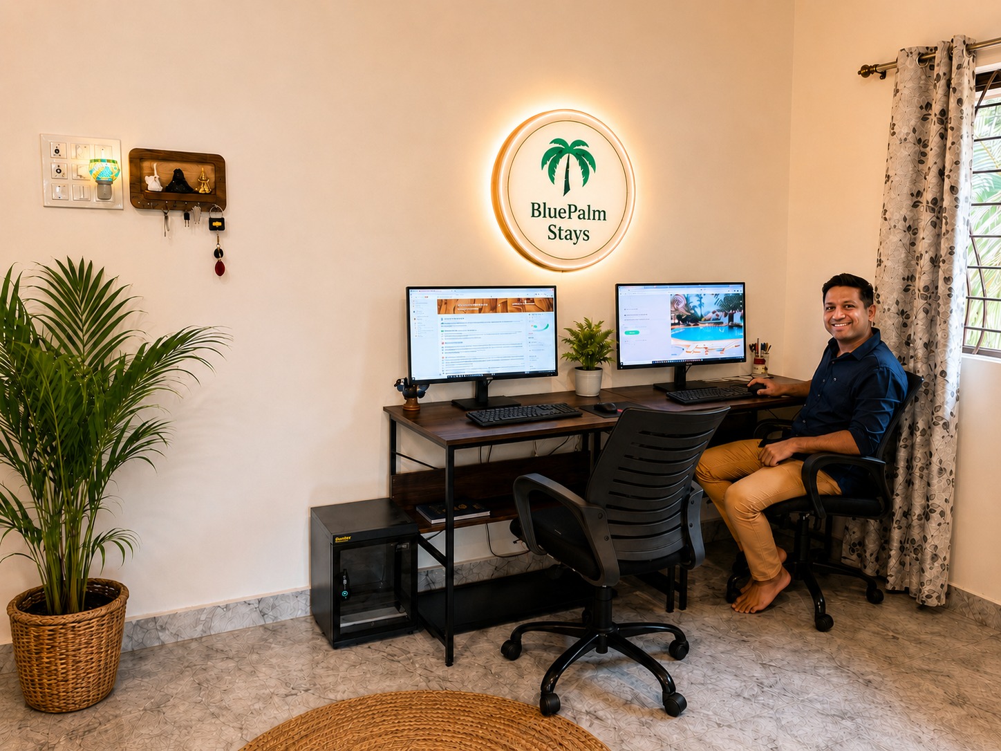 Blue Palm Stays office workspace with backlit logo
